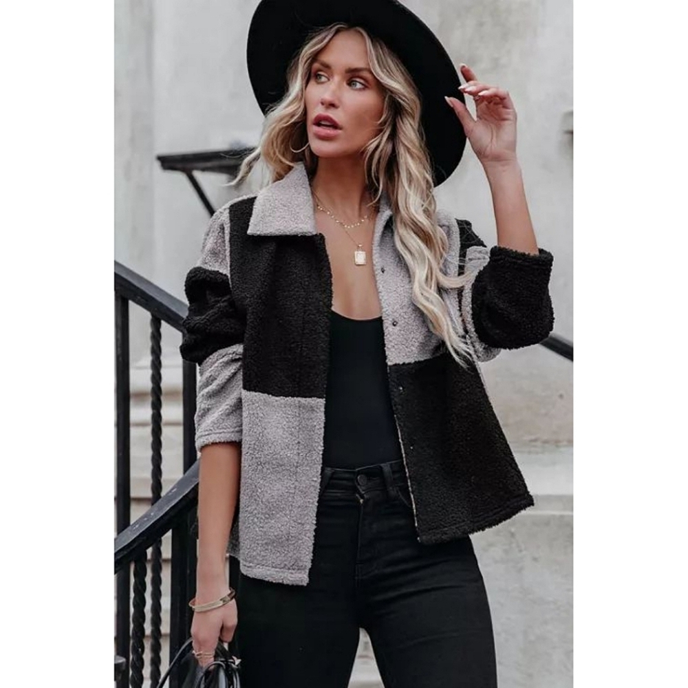 Black And Gray Colorblock Sherpa Jacket - Picture 1 of 7